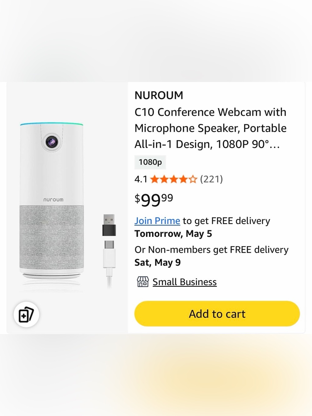 C10 Portable Conference Webcam Speaker - White & Gray